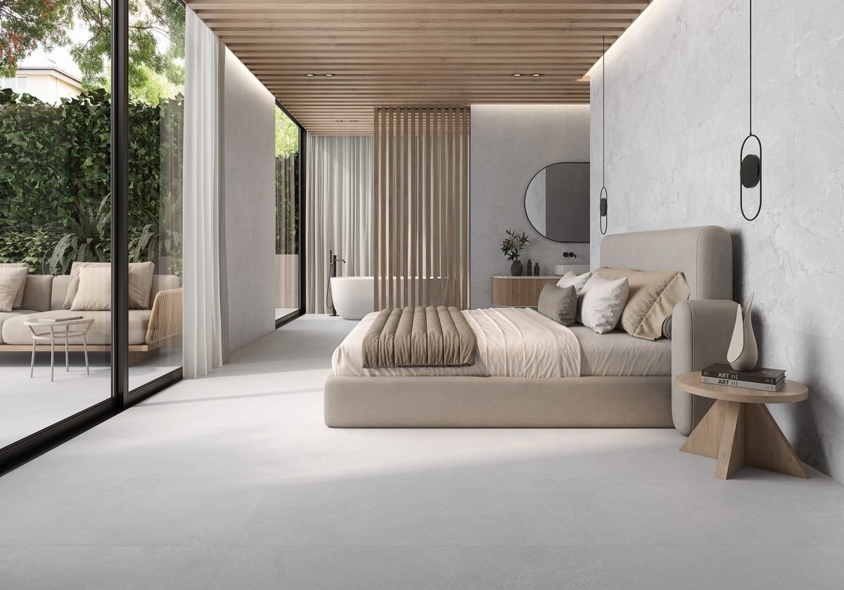 Carrelage aspect béton — modèle Eternia, chambre