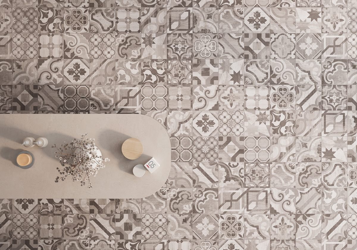 Carrelage aspect carreau ciment — modèle Hidraulicwood, commerce