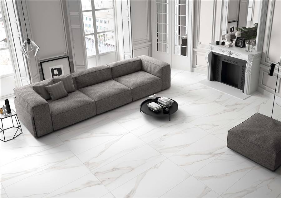 Carrelage aspect marbre en situation, salon